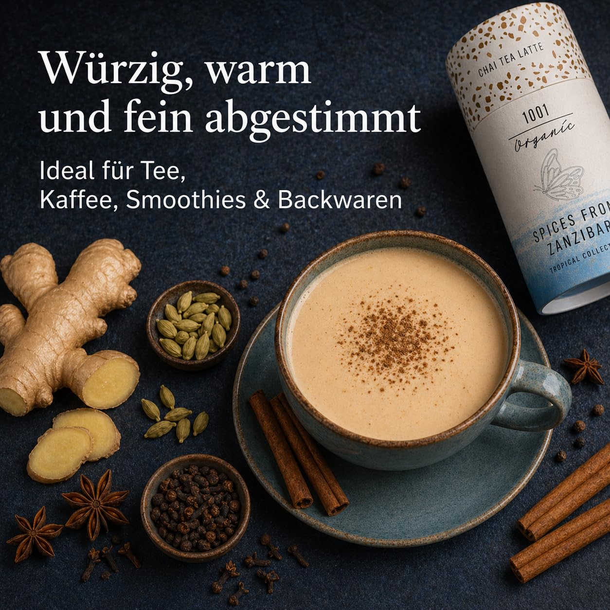 1001 Organic Chai Tea Latte 40 g - Chai Latte Spice Mix from Zanzibar - Chai Spice with Turmeric, Ginger, Cinnamon - Spice for Tea, Coffee, Smoothies, Baked Goods – Bild 4