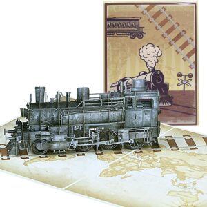 Pop Up Card Steam Train & World Travel - 3D Railway Gift for Men, Birthday & Retirement - Premium Greeting Card with Retro Design for Train Fans, Anniversary and Life Stage Change