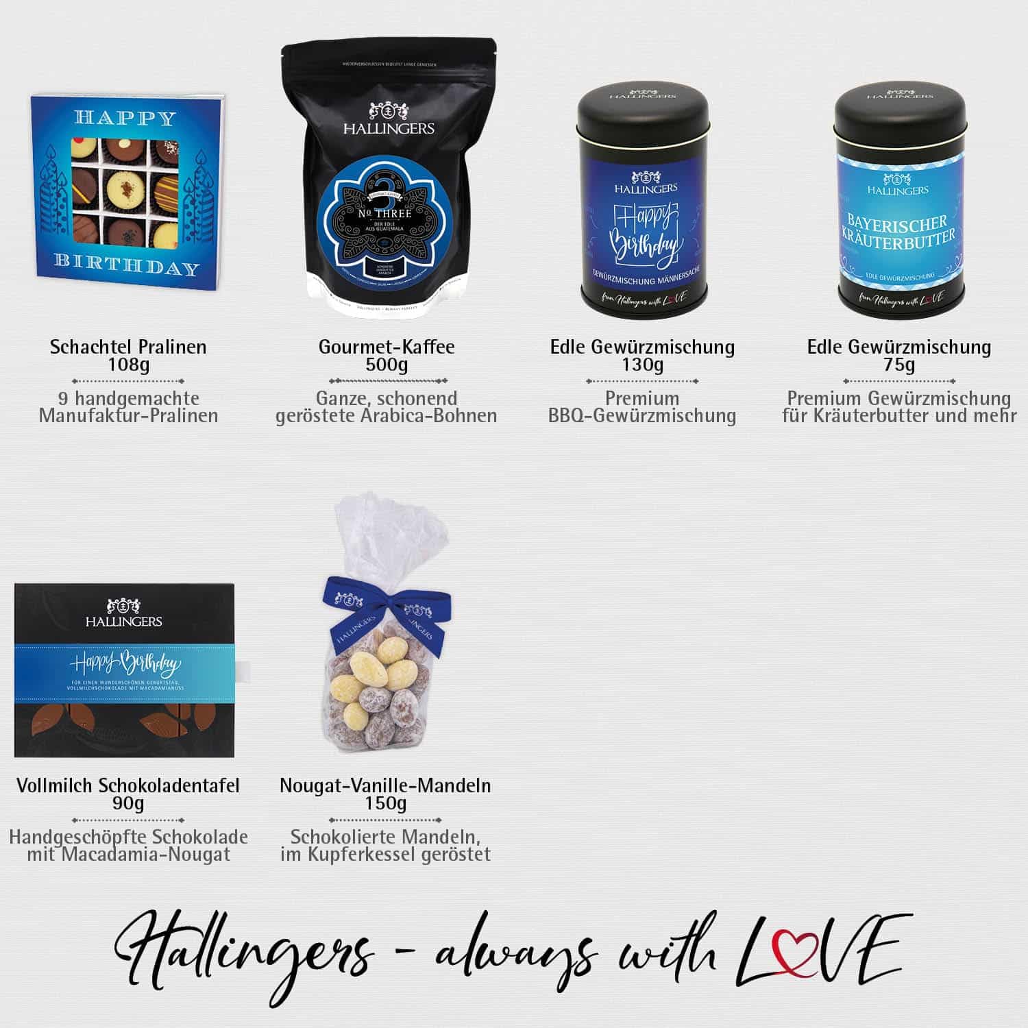 Hallingers Genuss Manufaktur Feinkost Birthday Gift Set – XXL Gift Basket "Happy Birthday..." Large Gift Coffee, Chocolate, 9 Chocolates, Almonds & Spice, Gifts for Men and Women – Bild 7