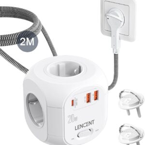 LENCENT 4-Way Socket Strip, Flat Plug, Socket Cube, 7-in-1 Power Strip, with 2 USB 3.0 and 1 Type-C PD 20W Port, 2-Metre Braided Cable, for Wall Socket