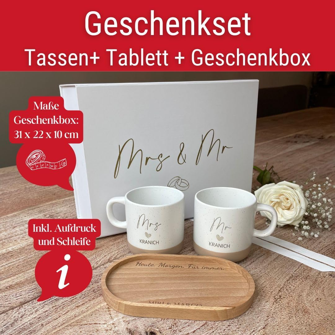 Personalised Wedding Gift Set | Mr & Mrs Cups with Name | Engraved Tray | Gift Box Wedding | Wedding Cups Personalised (Full Set) – Bild 6