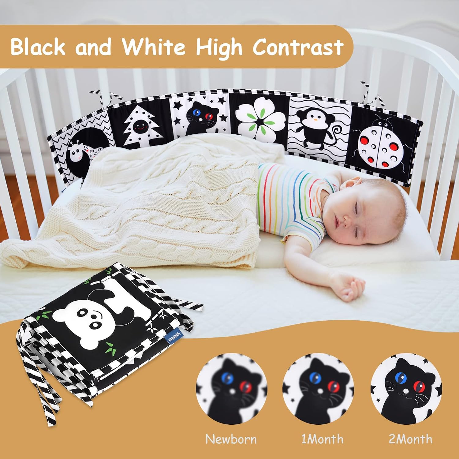 Vicloon Black & White Fabric Book, Picture Book Made of Fabric, Black White Double-Sided Baby Fabric Book, Baby Toy 0 6 Months, Perception Learning Toy, Gifts for Babies, Animal Style – Bild 5