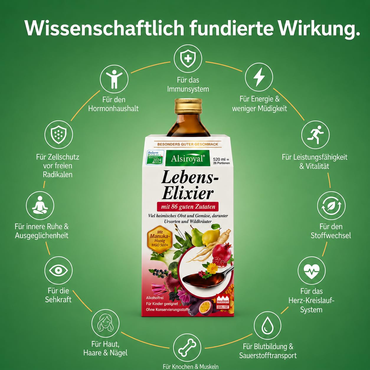 Alsiroyal Lebens-Elixir 520 ml - Micronutrient Elixir with 86 Ingredients from Fruit, Vegetables & Herbs + Manuka Honey MGO 500+ - Vitamin Drink without Preservatives & No Sweeteners - Also for – Bild 2