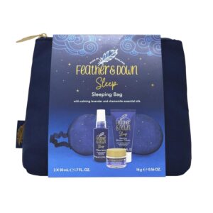 Feather & Down Sleeping Bag Gift Set (Luxury Eye Mask, Sleep Balm, Pillow Spray, Shower Cream) – With Soothing Lavender & Chamomile Essential Oils – Cruelty Free Vegan