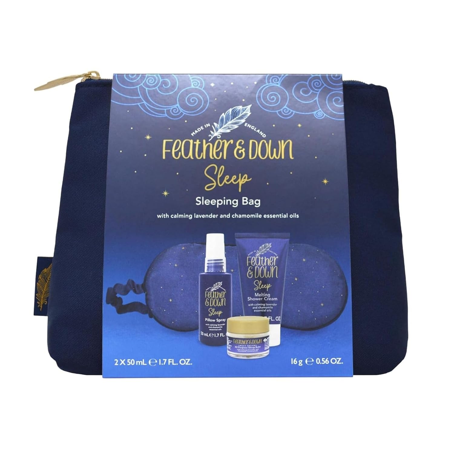 Feather & Down Sleeping Bag Gift Set (Luxury Eye Mask, Sleep Balm, Pillow Spray, Shower Cream) - With Soothing Lavender & Chamomile Essential Oils - Cruelty Free Vegan