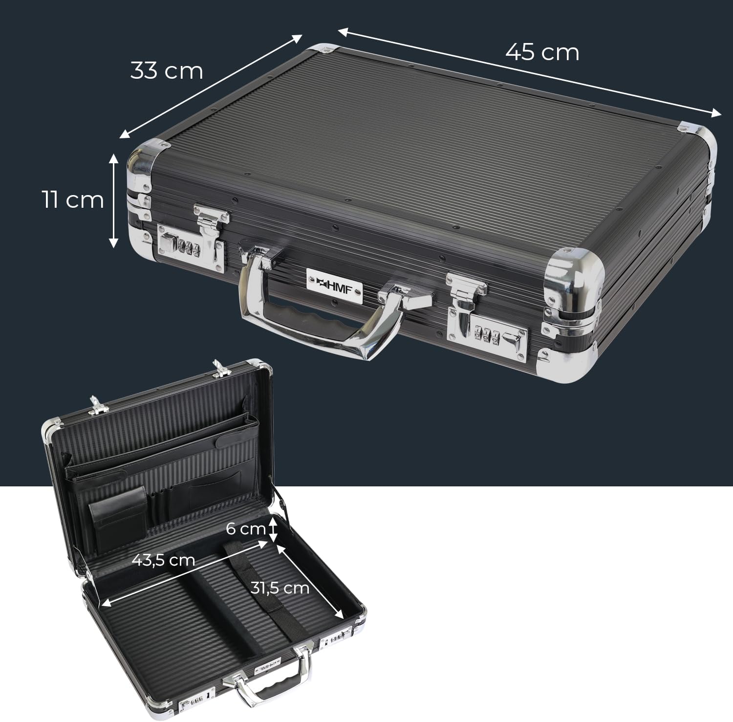 HMF Aluminium Briefcase for Laptops up to 17.3 Inches, Men's Business Case with Combination Lock, Padded Laptop Compartment and Organiser in Lid, 45 x 33 x 11 cm, Black – Bild 7