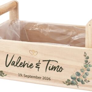 Herz & Heim® Wooden Wedding Gift Basket Personalised with Name & Date - Gift Basket & Gift Box for Wedding Gifts or Money Gift for Bride and Groom - 3 Variants (2 Handles (26 x 13 x 16 cm)
