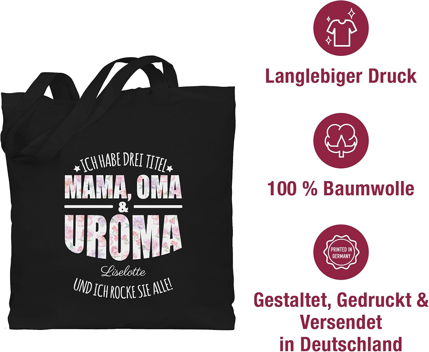 Geschenk mit Namen personalisiert by Shirtracer - Cotton Bag - Grandmother - Ich habe drei Titel Mama, Oma und Uroma - Uromas Gifts Mother's Day Great Grandmother Gift – Bild 7