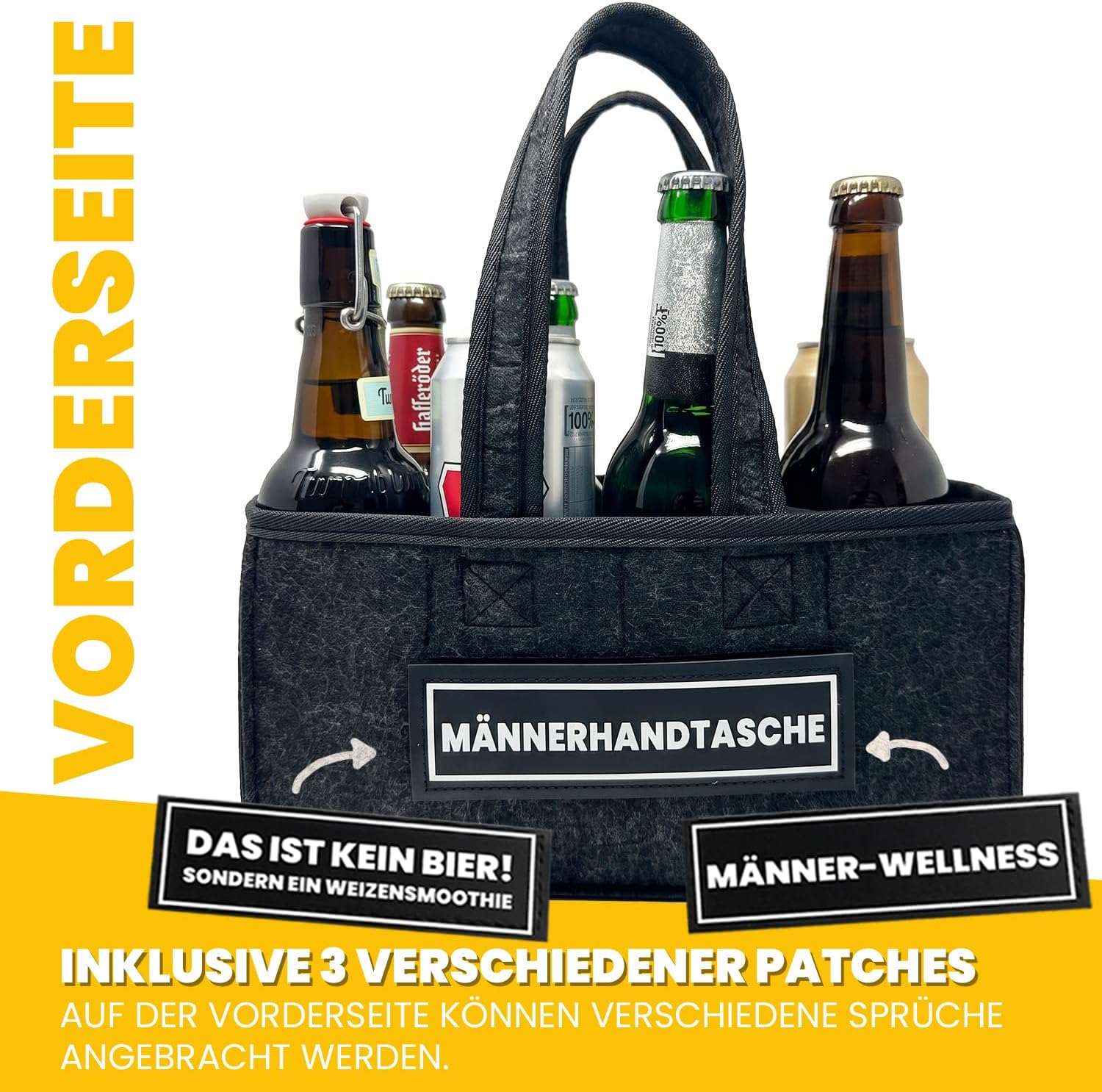 Longfair Men's Beer Handbag - Felt Bag for 8 Beer Bottles & Cans with 3 Patches & Shot Holder - Funny Men's Gift for Father's Day, Birthday, Festival & Men's Night – Bild 2
