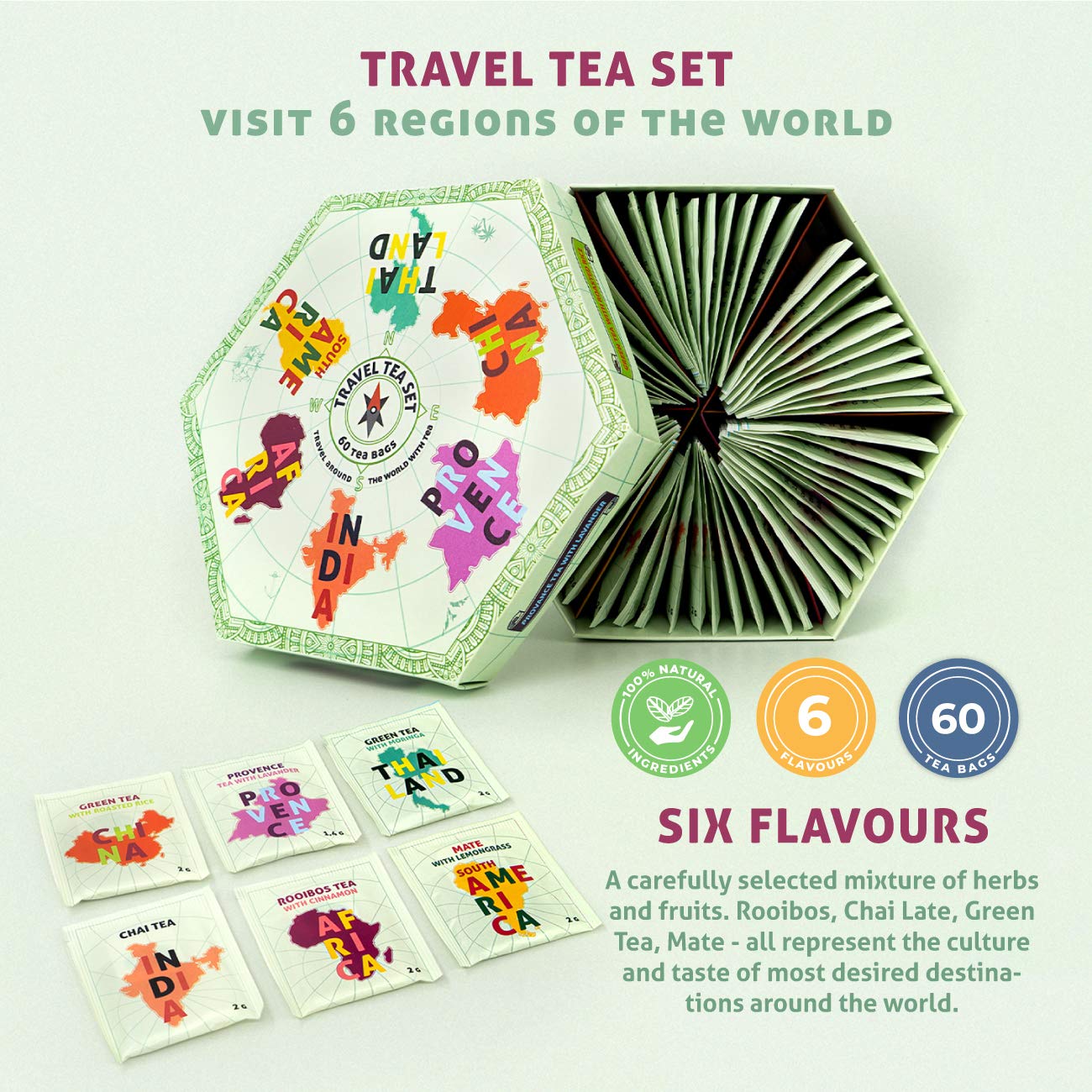 ACORUS Travel Tea Set – World Tour of Your Dreams with a Selection of Teas You Have Never Tasted Before, Natural Tea Gift Set, Herbal Tea, Fruit Tea, Tea Box with 60 Tea Bags – Bild 3