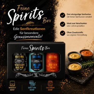 Altenburger Original Fine Spirits Box with Whisky, Dry Gin and Old Rum Mustard (3 x 200 ml), Medium Sharp