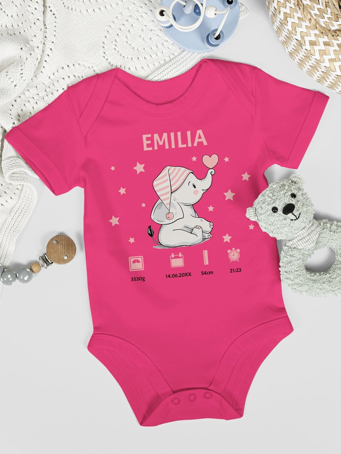 Geschenk mit Namen personalisiert by Shirtracer - Baby Bodysuit Boy Girl Elephant Birth Date Gift for Birth – Bild 8