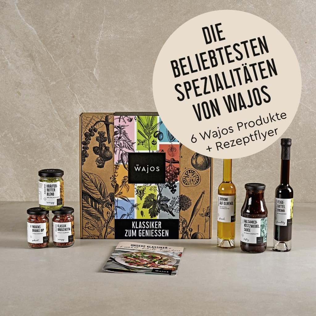 Wajos Delicatessen Gift Set: Box of 6 Favourites, Set with Bruschetta, Crema, Oil, Spices and Recipe Flyer, Gourmet Gift for Connoisseurs