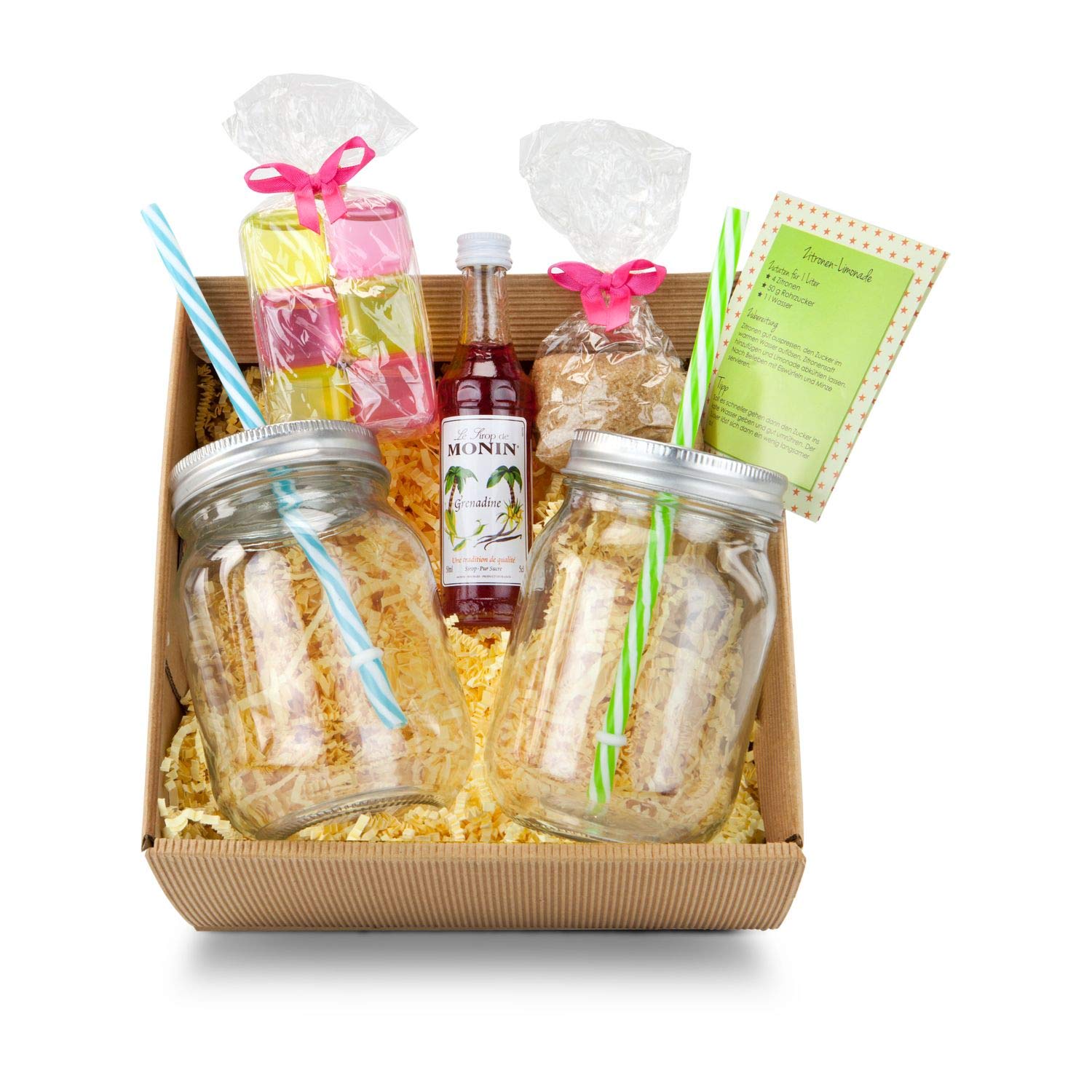 Römer Präsente Fresh Lemonade Gift Set 16 Pieces 2 Lemonade Jars with 2 Lids and 2 Reusable Straws 6 Reusable Ice Cubes, Cane Sugar, Monin Syrup + Recipe Card in Gift Box – Bild 3