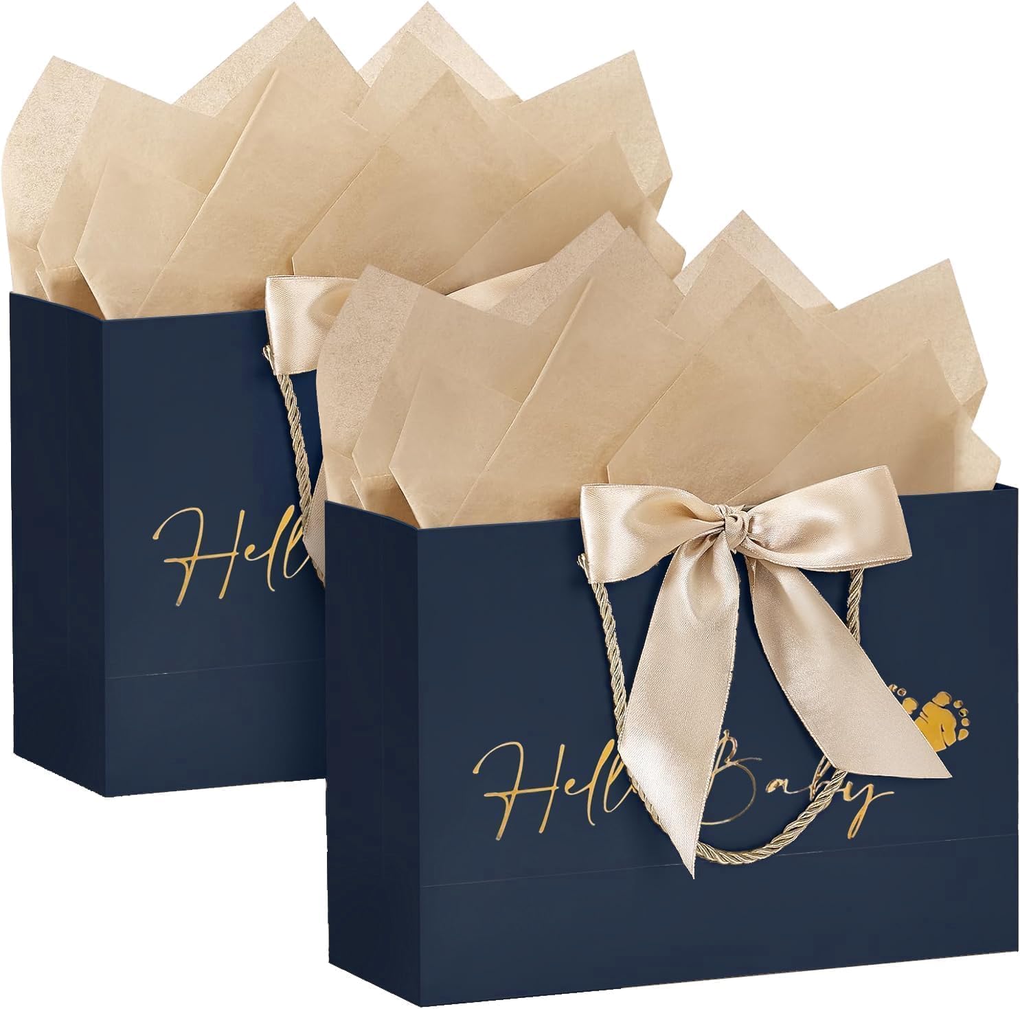 Gift Bag for Birth Large 30 x 25 x 11 cm Baby Shower Gift Bags Paper Gift Bag Black with Golden Bow Hello Baby Feet Sign Baby Shower Bag Paper Bags with Handle for Birth Newborn – Bild 5