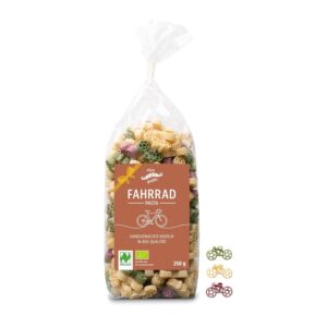 mia pasta Organic Bicycle Noodles 250 g – Thank You Gift – Handmade Pasta al Bronzo with Our Organic Eggs from North Hesse – Colourful Motif Noodles from Our Own Factory