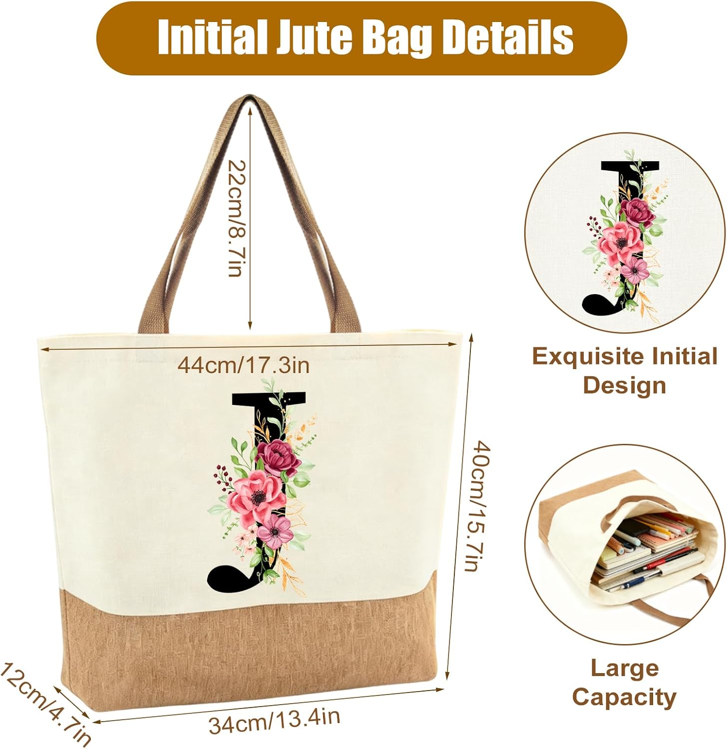Personalised Initials Jute Bag for Women, Large Beach Bag with Letter and Flowers, Jute Shopper Bag, Women's Fabric Bag, Gifts for Women, Mum, Colleague, Girlfriend for Birthday, Wedding – Bild 4
