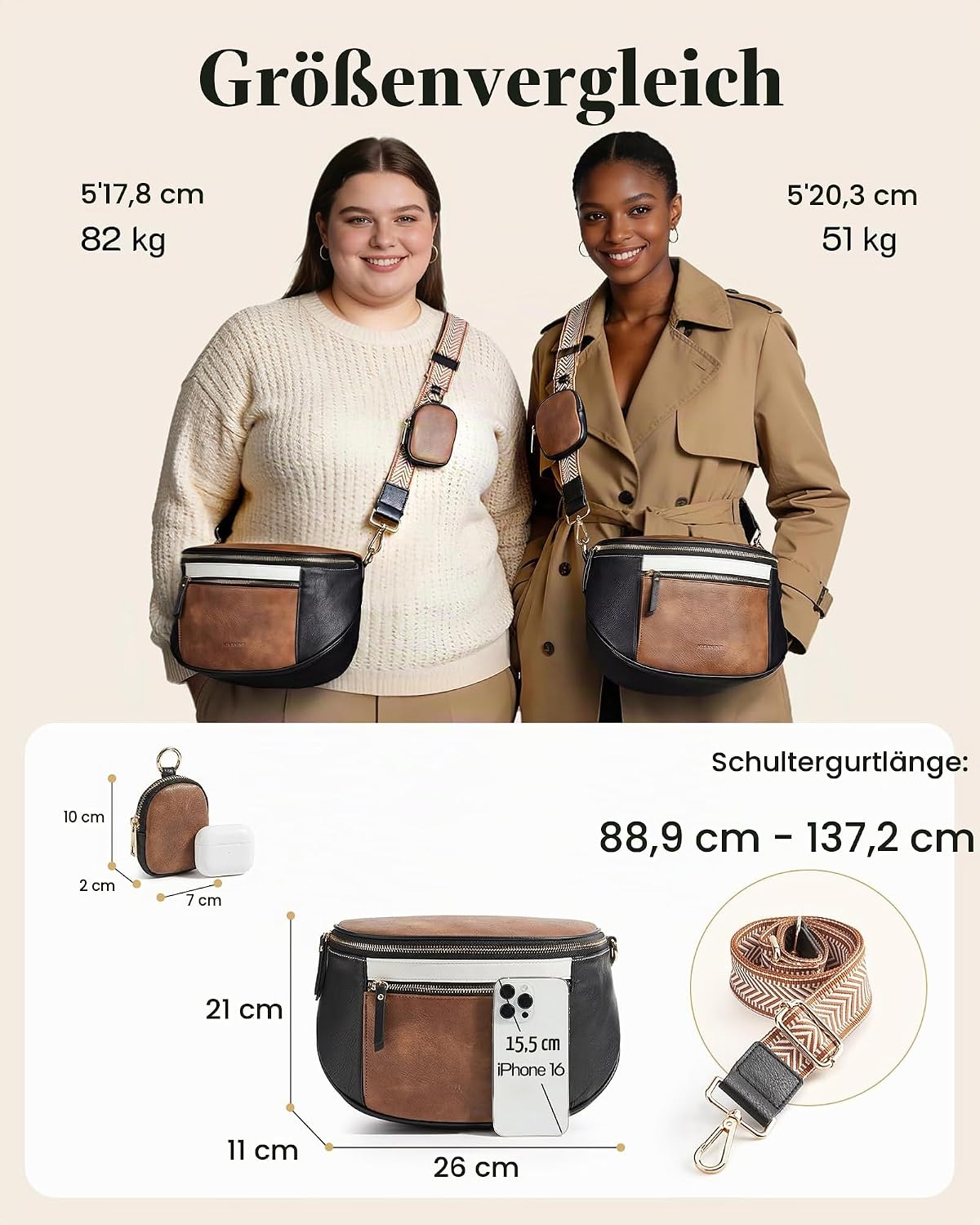 Missnine Leather Bum Bag Women's Shoulder Bag Large with Headphones Bag, Brown / Beige, Retro – Bild 3