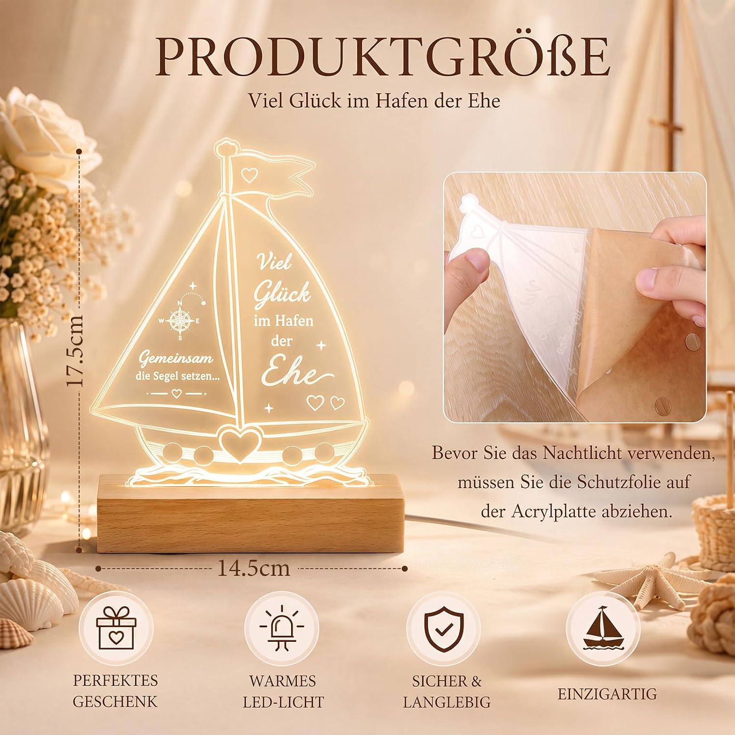 Wedding Gifts for Bride and Groom Money Gift Wedding Gift for Boyfriend LED Acrylic Ship with Wooden Base Night Light Gifts Wedding Party Desk Decorations – Bild 2
