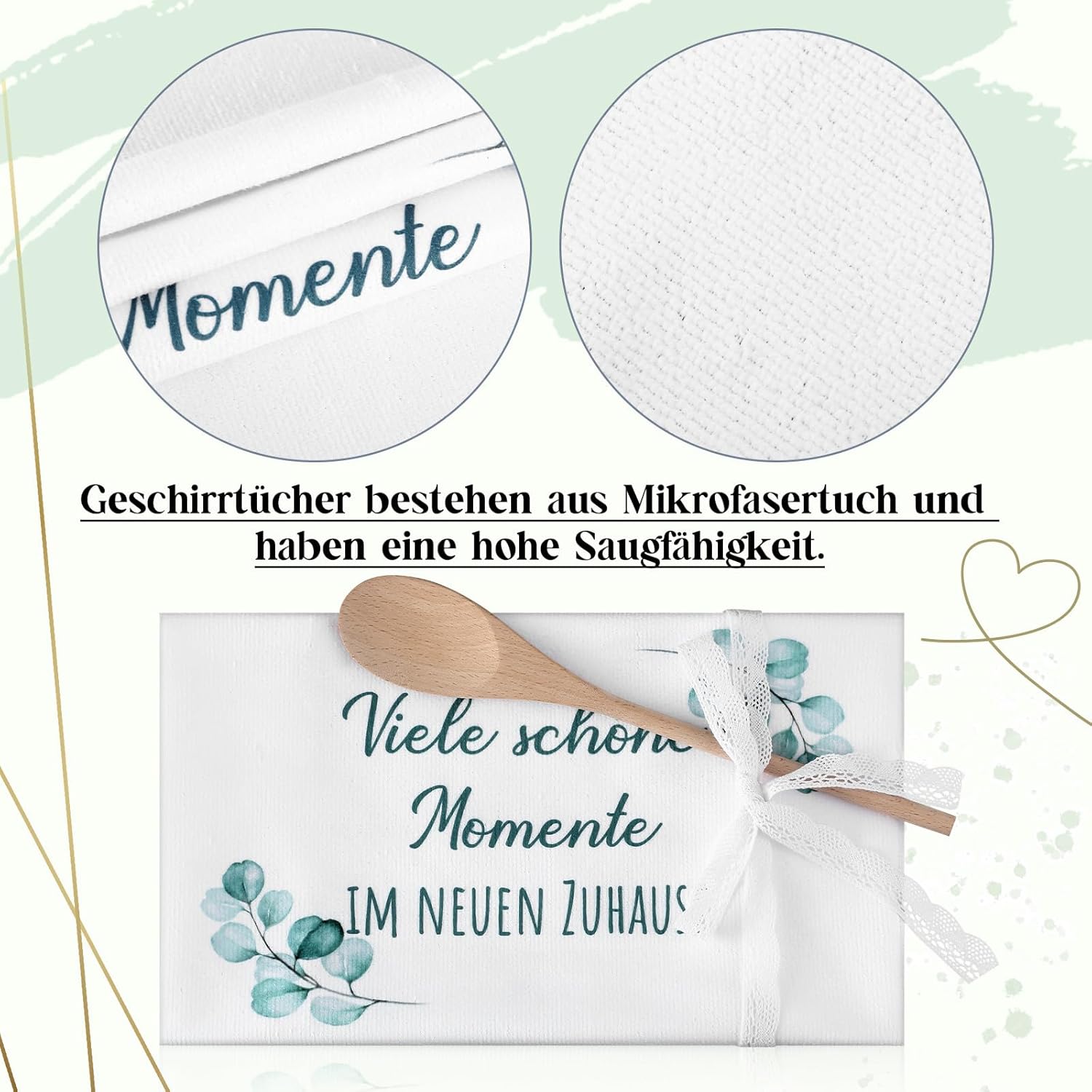 Sinmoe Housewarming Gift House Bread Basket Bread Salt Wine Sticker Tea Towel Cooking Spoon Housewarming Gift for Home Topping Party (Eucalyptus, Many Beautiful Moments in the New Home) – Bild 4