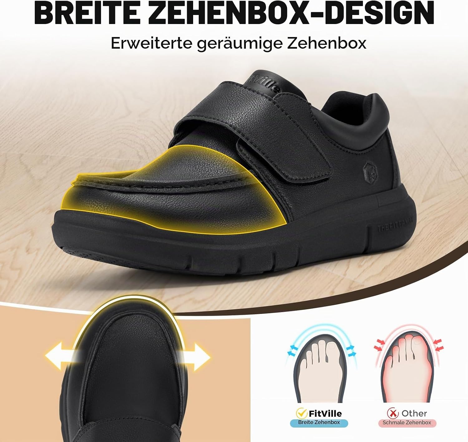 FitVille Diabetic Shoes Men's Extra Wide Leather Shoes Orthopaedic Shoes with Fastening Adjustable Slippers Comfortable Casual Business Walking Shoes for Swollen Feet – Bild 3