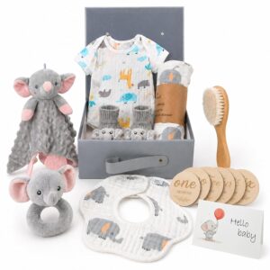 Newborn Gift – 15 Piece Baby Gift Set Includes Baby Blanket, Romper, Teething Cloth, Wooden Brush, Milestone Cards, Bib, Socks and a Keepsake Box