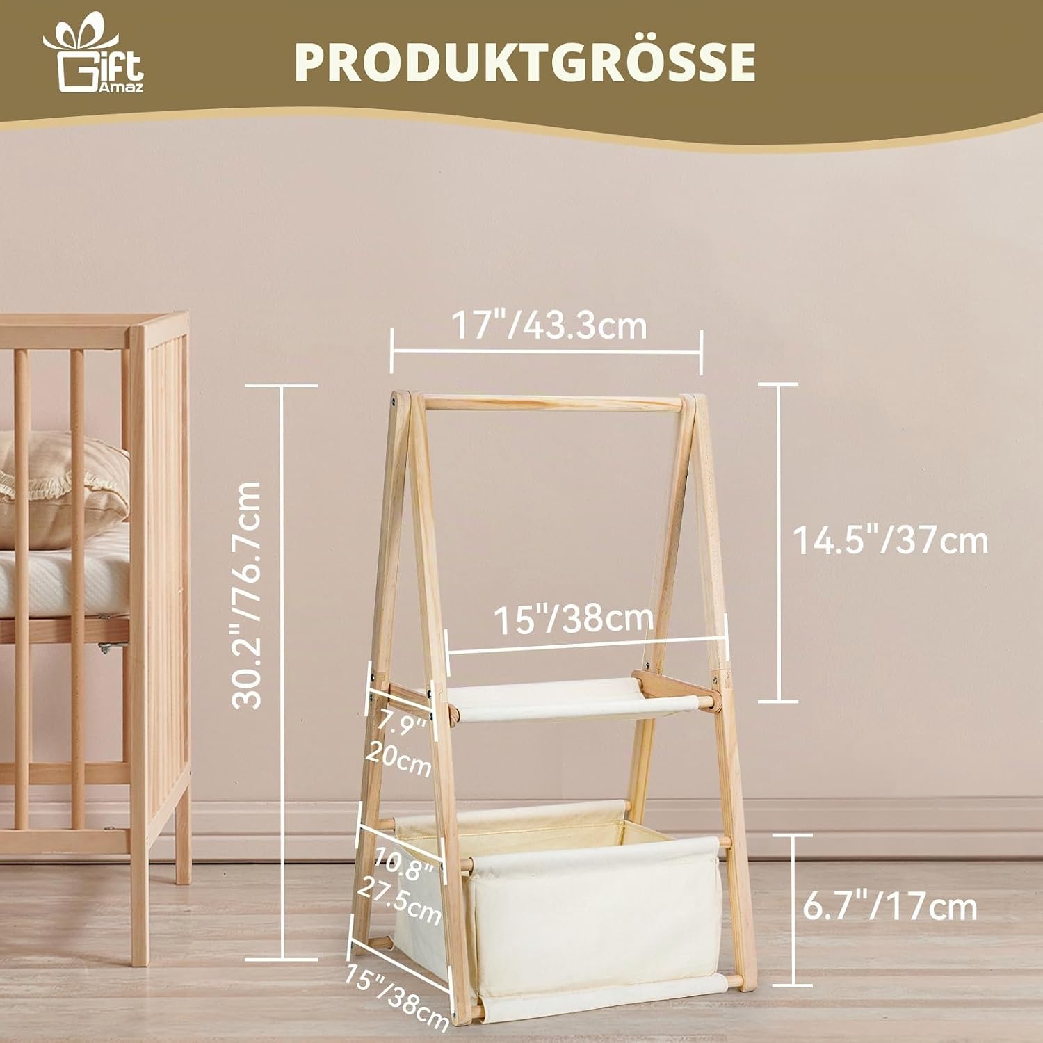 GiftAmaz Wooden Baby Basket for Baby Shower, Two-Tier Gift Basket Baby, Baby Storage Box Made of Wood with Hangers, Baby Shower Decoration, Baby Gift for Birth for Expecting Parents – Bild 6