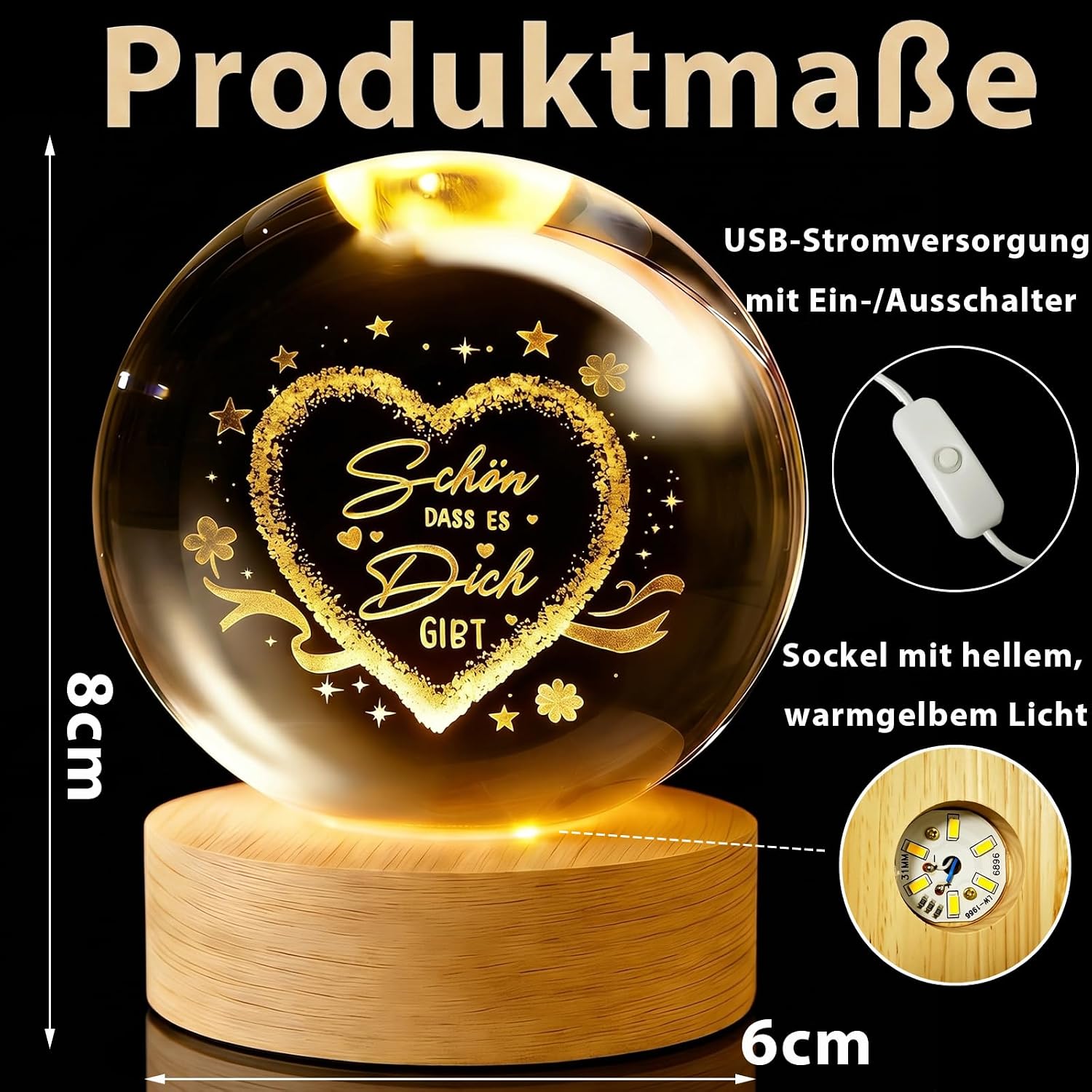 Gifts for Women Beautiful That It Gibt, 60 mm Lamp Crystal Ball Heart, Best Friend Gifts for Farewell Gift Retirement Colleague (USB Powered) – Bild 6