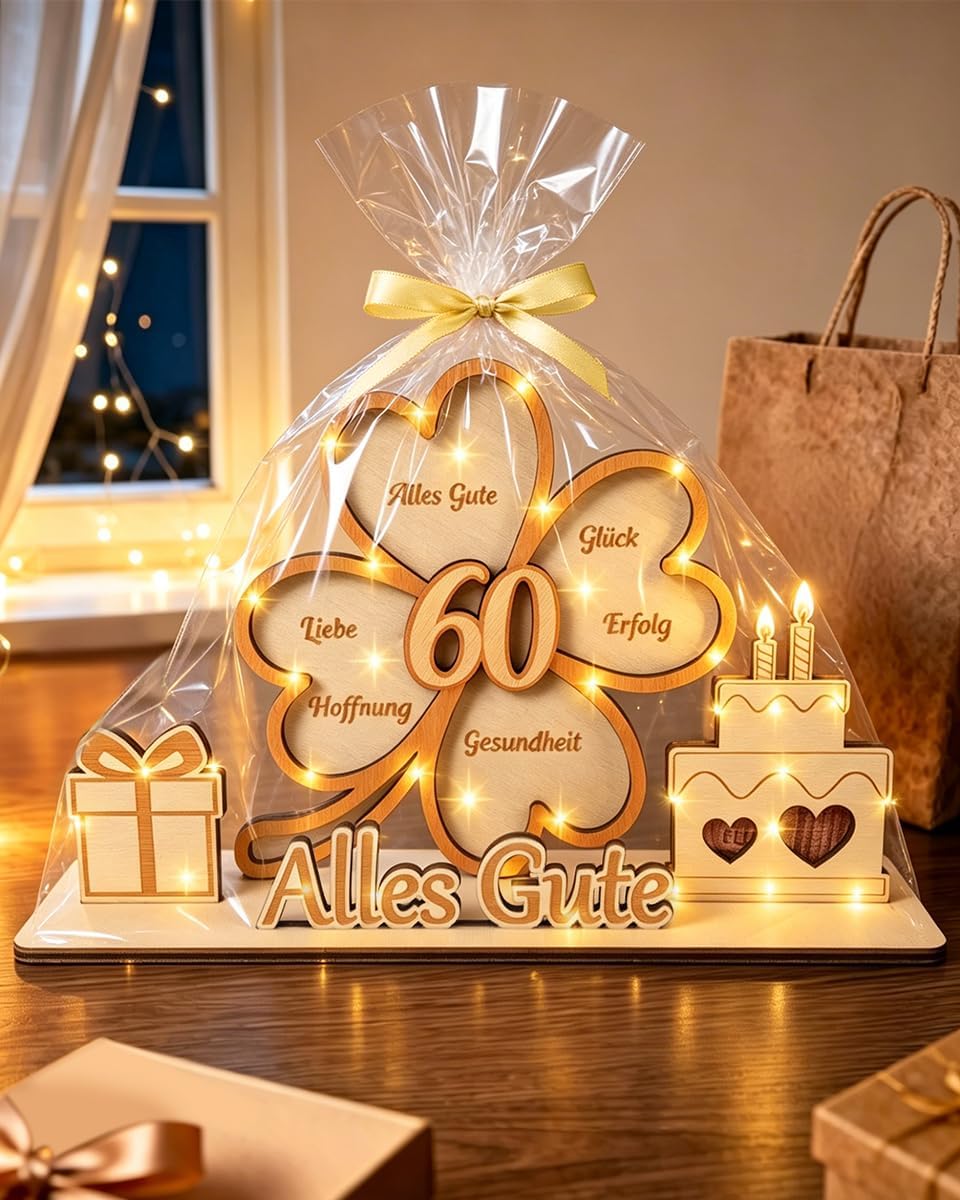 60th Birthday Woman - Wooden Money Gifts Packaging with Fairy Lights & Greeting Card, Gift & Decoration for 60th Birthday Woman, Birthday Gift for Men 60 & Women 60 – Bild 5