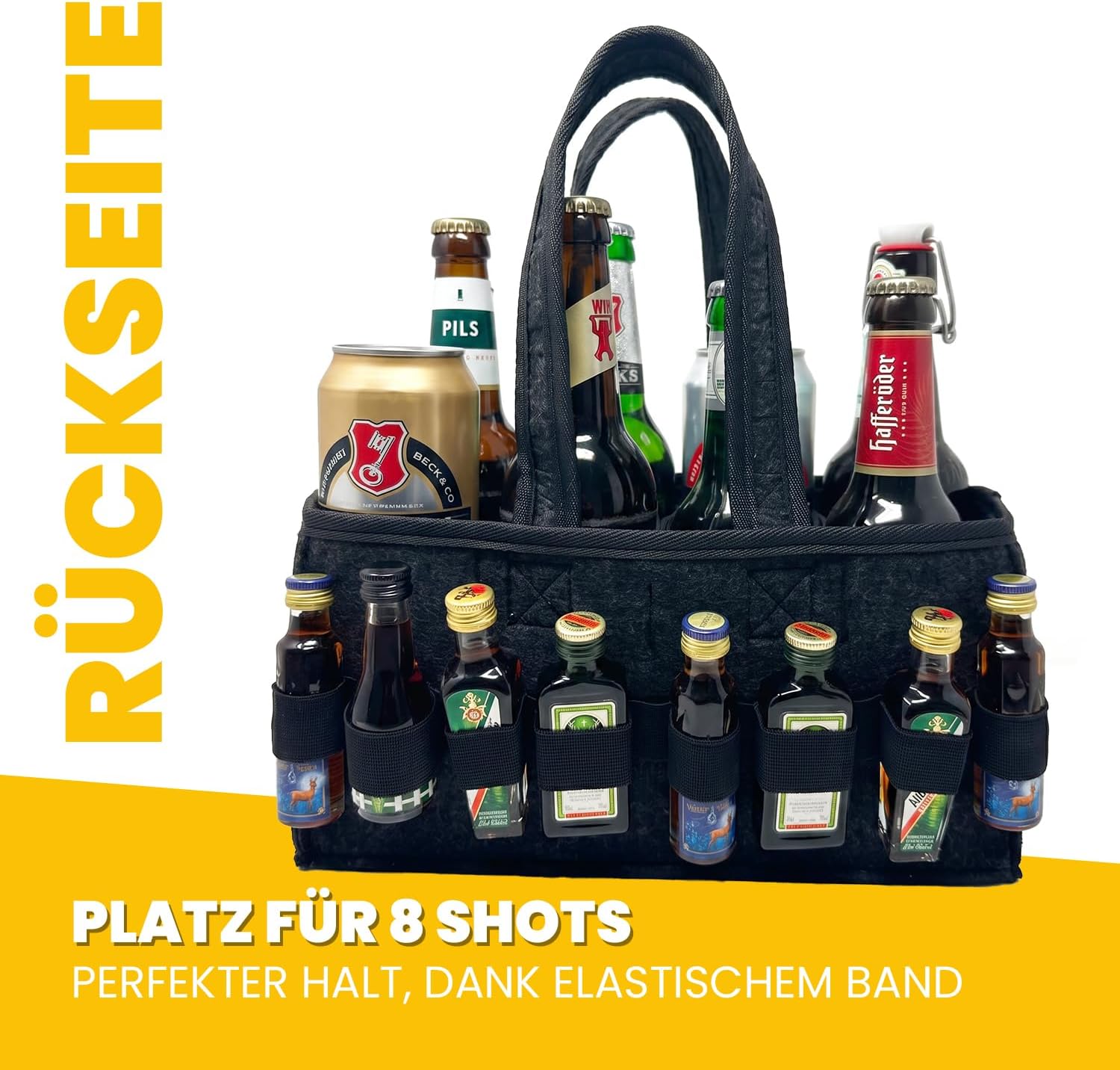 Longfair Men's Beer Handbag - Felt Bag for 8 Beer Bottles & Cans with 3 Patches & Shot Holder - Funny Men's Gift for Father's Day, Birthday, Festival & Men's Night – Bild 3