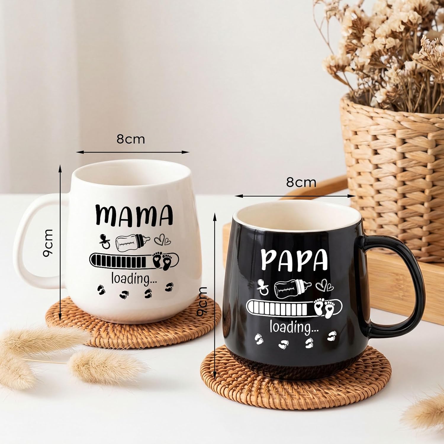 TUZELIYA Mama & Dad Coffee Mug Set - Gift to Be Parents, 350 ml Black and White Cups for Pregnancy, Baby Shower, Valentine's Day & Anniversary – Bild 6