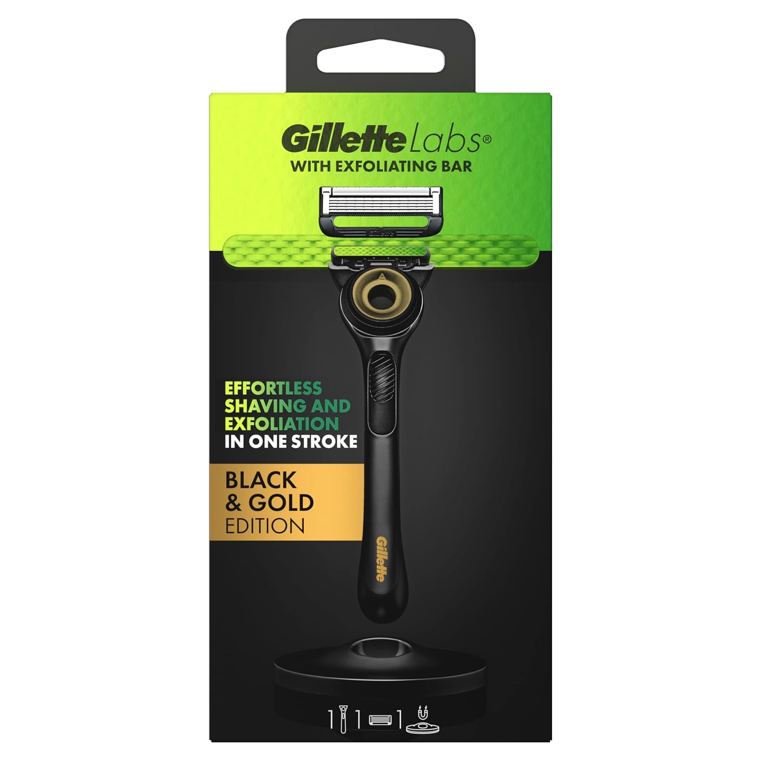 Gillette Labs Men's Razor + 1 Razor Blade Refill with Exfoliating Stick, Gift for Men, Includes Premium Magnetic Stand, Black & Gold Edition