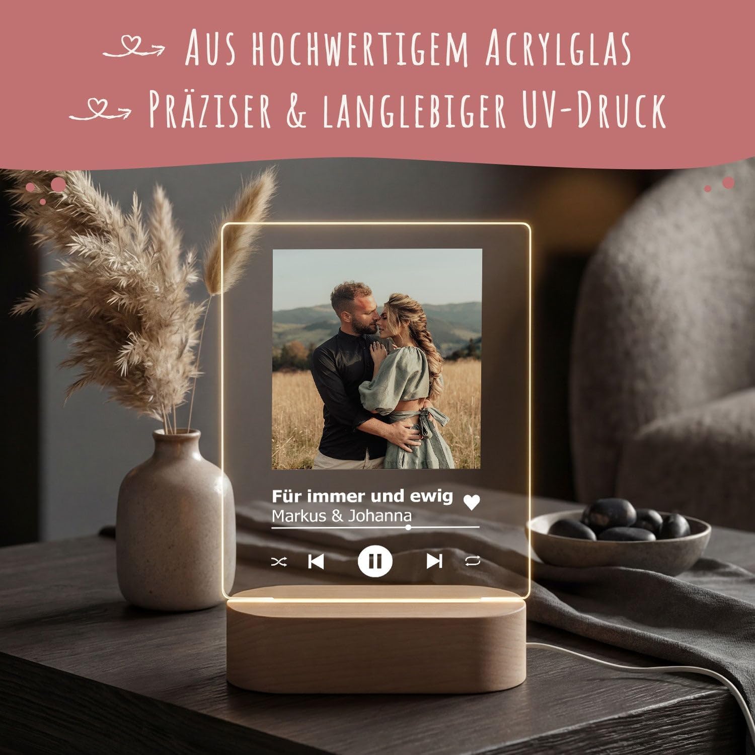 GRAVURZEILE Personalised Song Cover on Acrylic Glass LED - Personalised with Name and Photo - Gift in Spotify Music Cover Design - Photo Gifts for Him and Her - Gifts for Men and Women – Bild 3