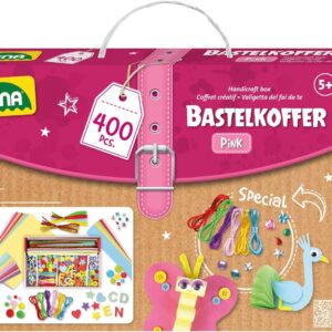 Lena 42714 Craft Case, 400 Pieces, Material for Crafts, with Colourful Paper, Foam Rubber, Pipe Cleaners, Wiggly Eyes, Pompoms, Ice Cream Sticks, Buttons and More, for Kids Aged 5 & Up, Pink & Purple