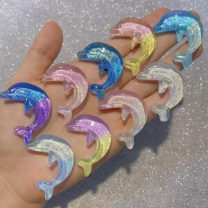 10 Piece Dolphin Decor, Fluorescent Dolphin Resin Crystal Shimmer Decoration DIY Hair Jewelry Charm Accessories Sea Animals Figure Craft Supplies Gift Dolphin Glow under UV Lamp (Dolphin)