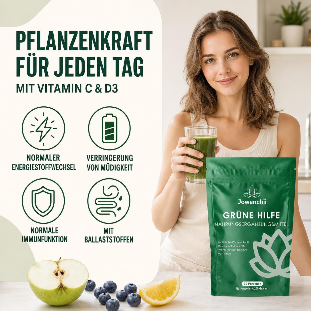 Green Detox Powder, Green Superfood Powder Helper - Vegetable Blend with Matcha, Barley Grass, Spirulina & Wild Blueberry | Vegan Digestive & Energy Booster – Bild 3