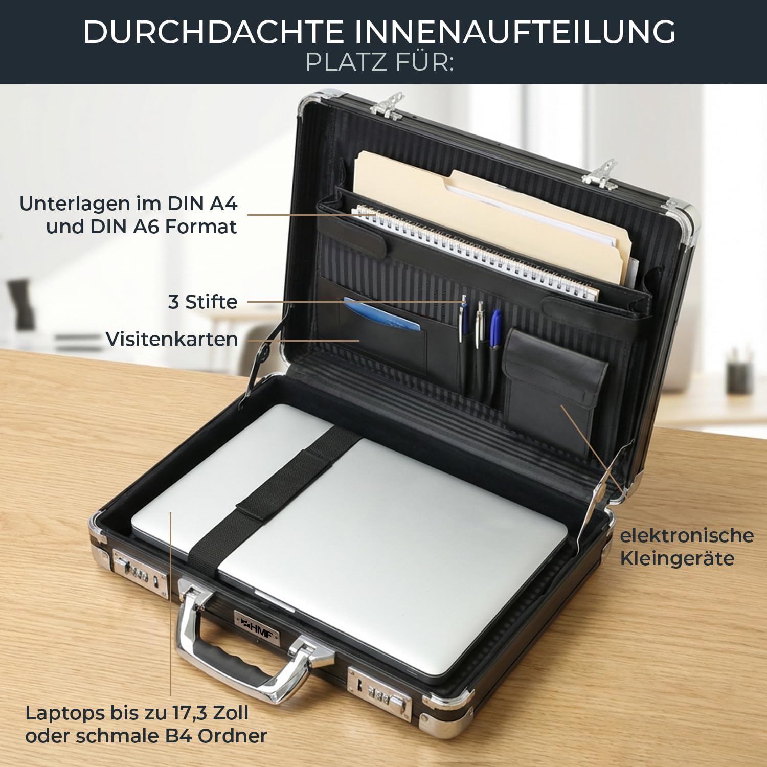 HMF Aluminium Briefcase for Laptops up to 17.3 Inches, Men's Business Case with Combination Lock, Padded Laptop Compartment and Organiser in Lid, 45 x 33 x 11 cm, Black – Bild 5