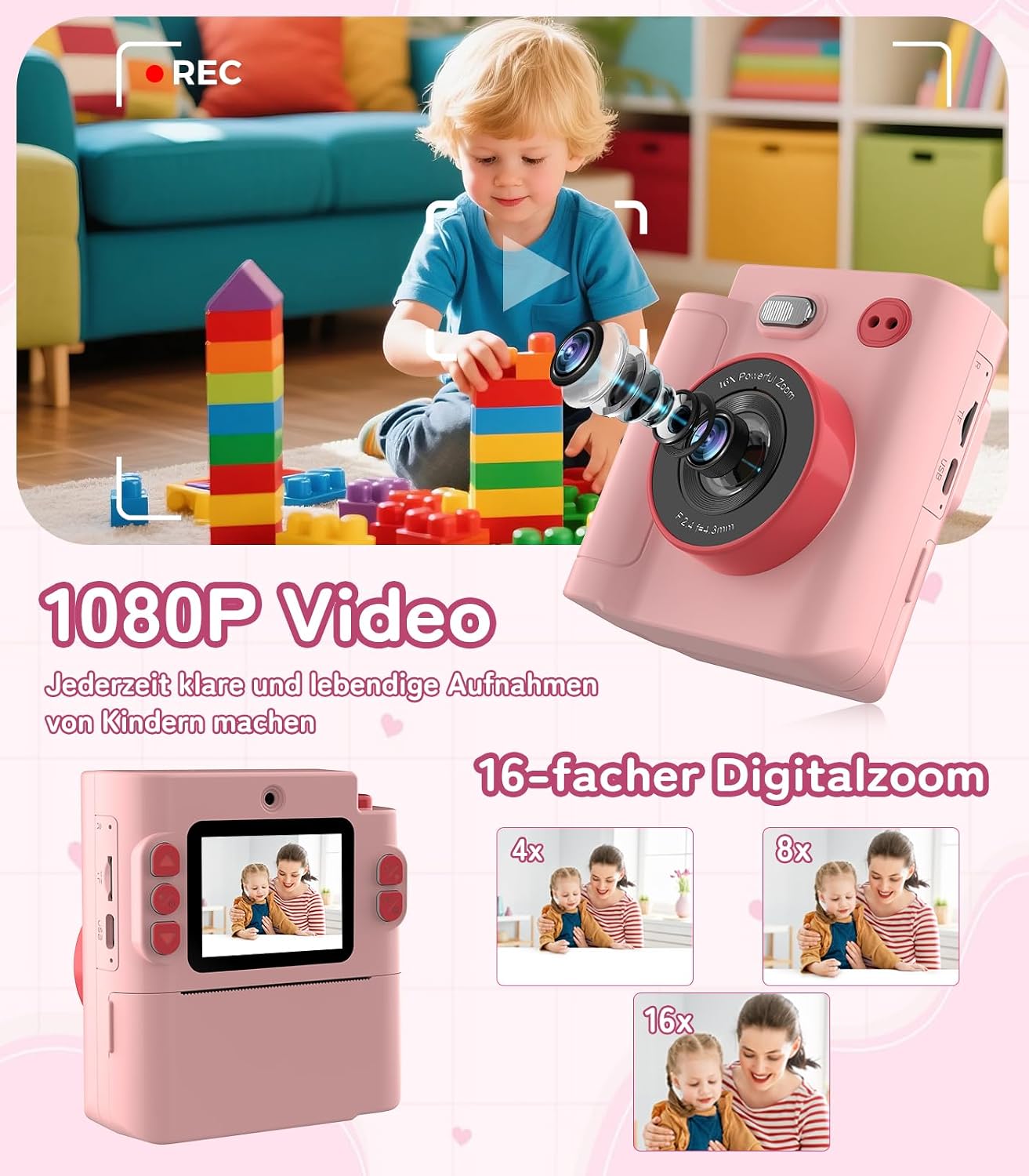Kids Instant Camera with 32GB Memory Card, Pink, 2.0 Inch LCD Screen, Dual Camera, 1080P Video, 16X Digital Zoom, Type-C, 3 Rolls Printing Paper and Colouring Pencils, Gift for Kids – Bild 4