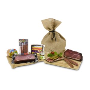 Römer Präsente Vesperzeit Gift Set - 9 Pieces - 1 Nut Ham (500g), 1 Jar of Liver Sausage (170g), 4 Landhunters (160g), 1 Et Original Mustard (45ml) and 1 Whole Grain Bread (500g) + Rustic Jute Sack