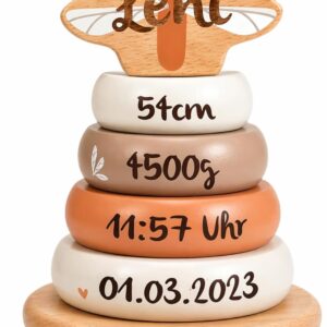 Stacking Tower Nougat - Personalised I Gift for Birth I Baby Wooden Toy I Personalised Gifts Baby I Label I Stacking Game with Name & Birth Data (Nougat)