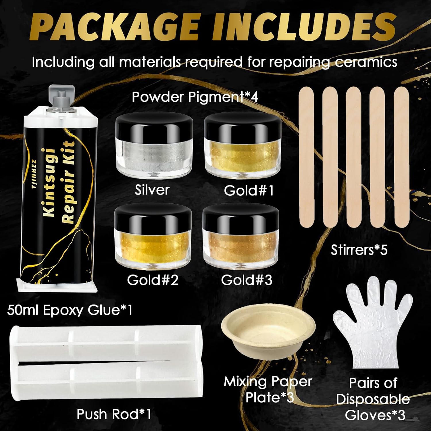 Kintsugi Repair Set - Food-Grade Porcelain Glue & Ceramic Repair Kit in Gold - Gold Glue for Ceramics, Porcelain, Glass, Jade & Sculptures - Japanese Kintsugi Art for Breakage Points – Bild 2