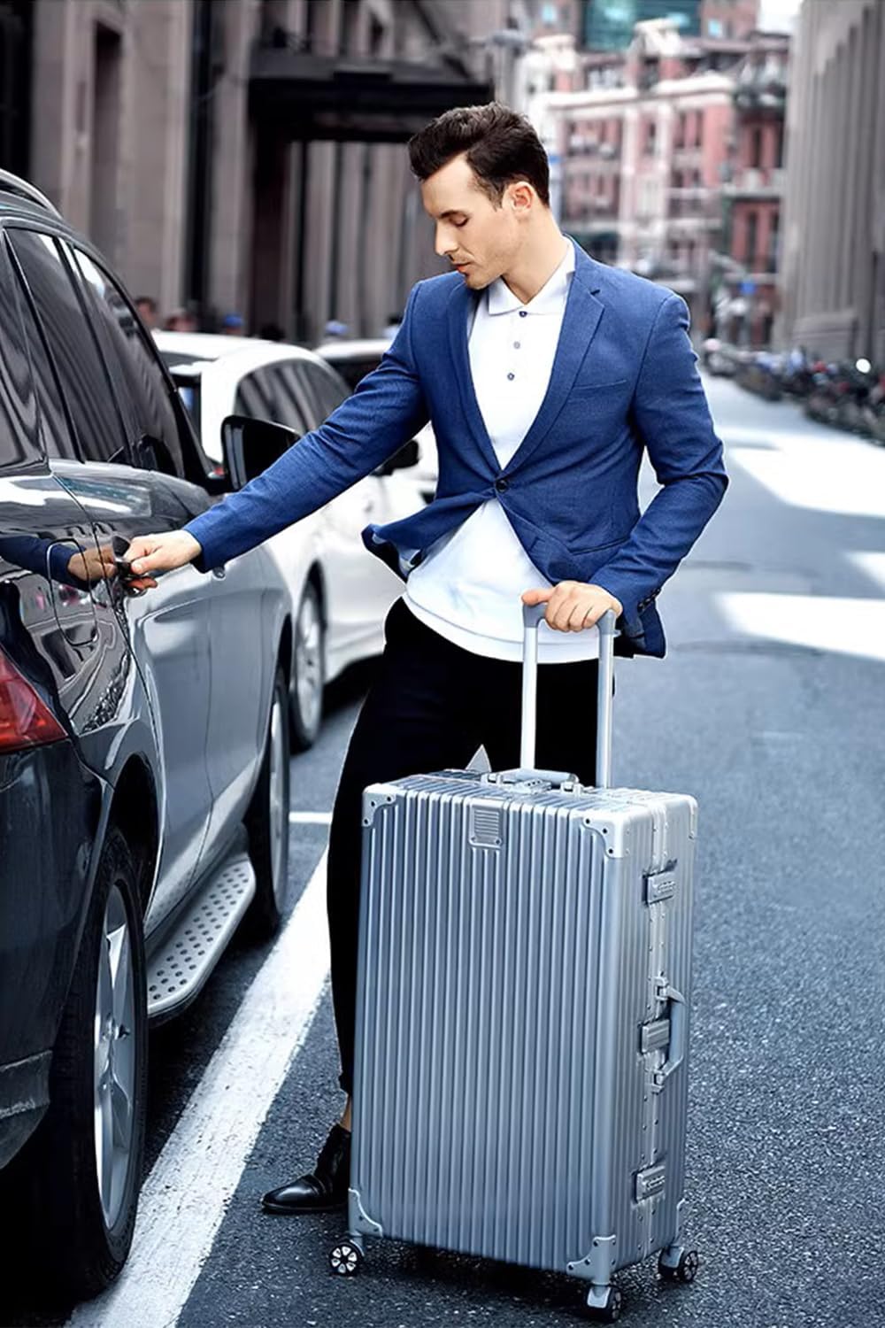Aoliwei Aluminium Frame Suitcase XL (73 cm) - Robust 100% PC Hard Shell Trolley in Metal Look, 78L Large Travel Suitcase for Check-in, TSA Lock, 4 Quiet 360° Double Wheels, Silver – Bild 6