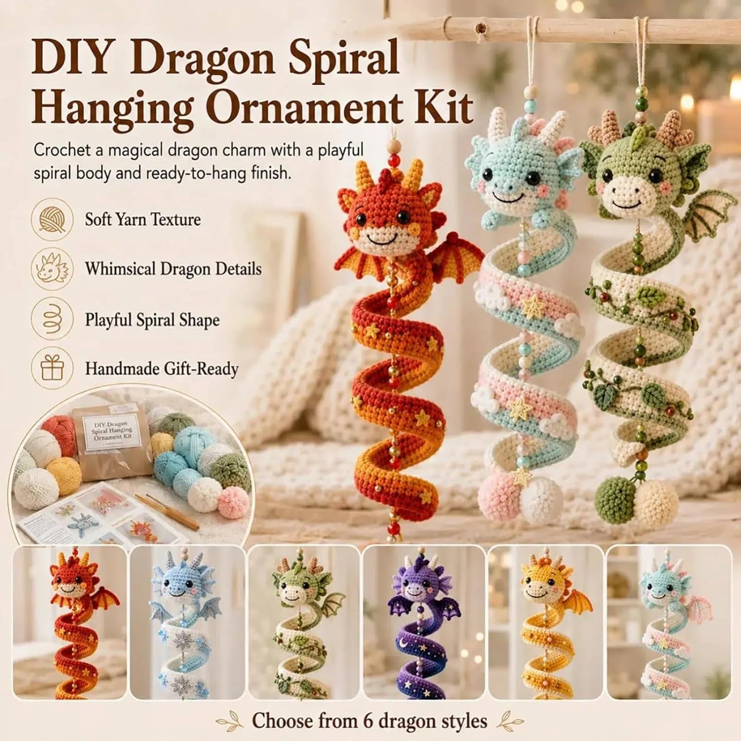DIY Crochet Set Crochet Yarn Dragon Spiral Hanging Craft Set Beginners Handmade Pendant Crochet Kit with Spiral Dragon Design Creative Crochet Decoration for Christmas Tree Decoration Home Decoration – Bild 3