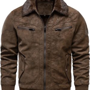 HOOD CREW Men’s Faux Fur Bomber Jacket, Fleece Lined Winter Jacket, Vintage Faux Leather Jacket with Fur Collar