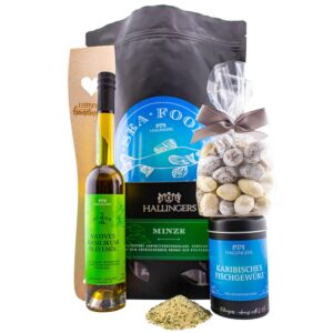 Hallingers Genuss Manufaktur Delicatessen Gift Set – XXL "Sea Food" Wonder Bag Large Barbecue Party Gift Chocolate, Fish Spice, Olive Oil, Nougat & More, Gift Idea for Men and Women