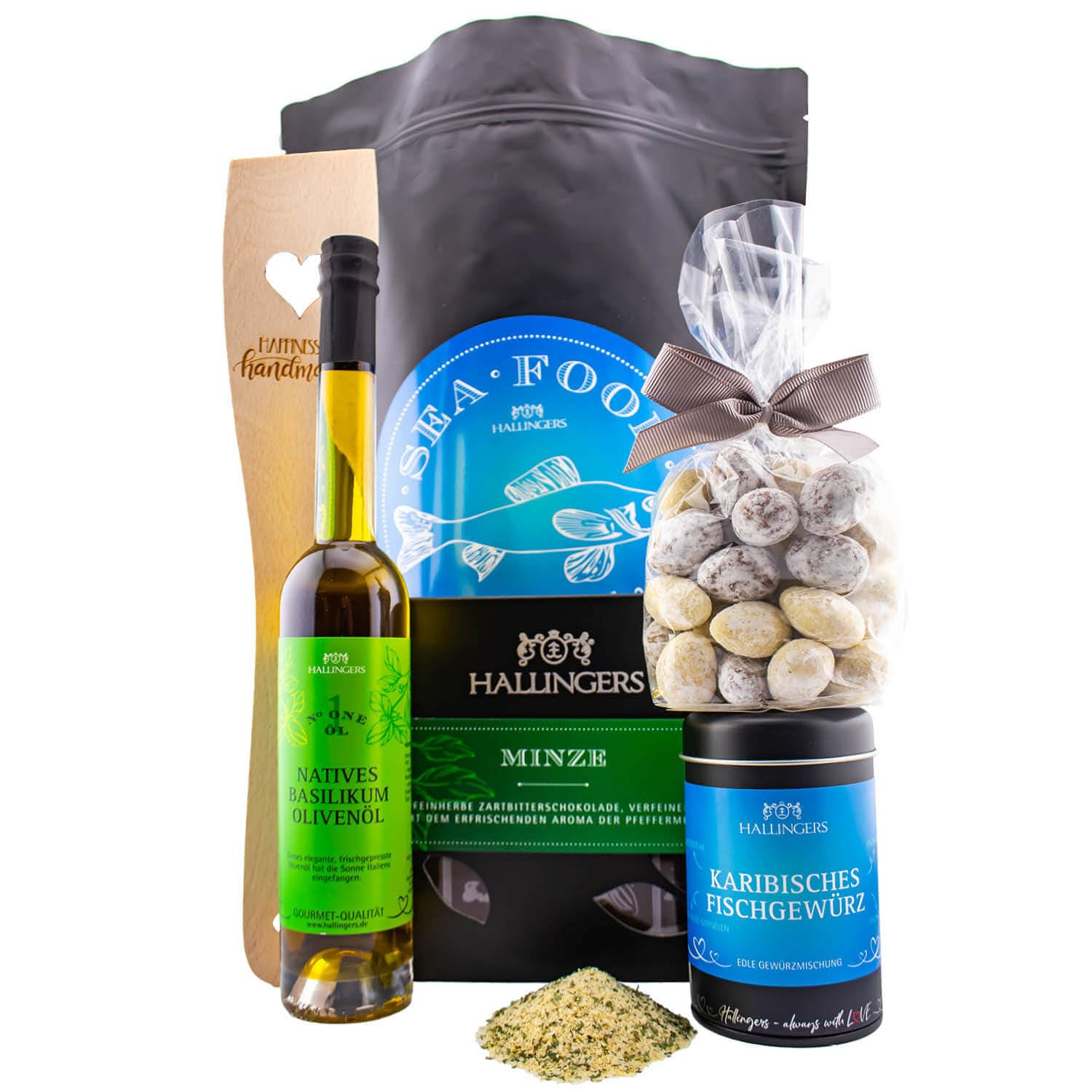Hallingers Genuss Manufaktur Delicatessen Gift Set – XXL "Sea Food" Wonder Bag Large Barbecue Party Gift Chocolate, Fish Spice, Olive Oil, Nougat & More, Gift Idea for Men and Women
