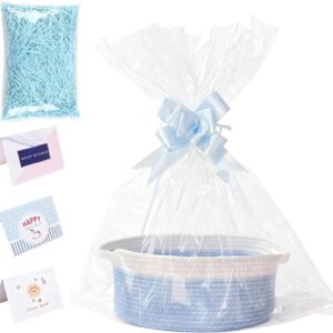 Empty Large Gift Basket, Blue Braided Basket for Gifts with Gift Bags and Ribbons, Empty Gift Basket for Birthday, Wedding, Baby Shower, Thanksgiving, Christmas (Blue and White)