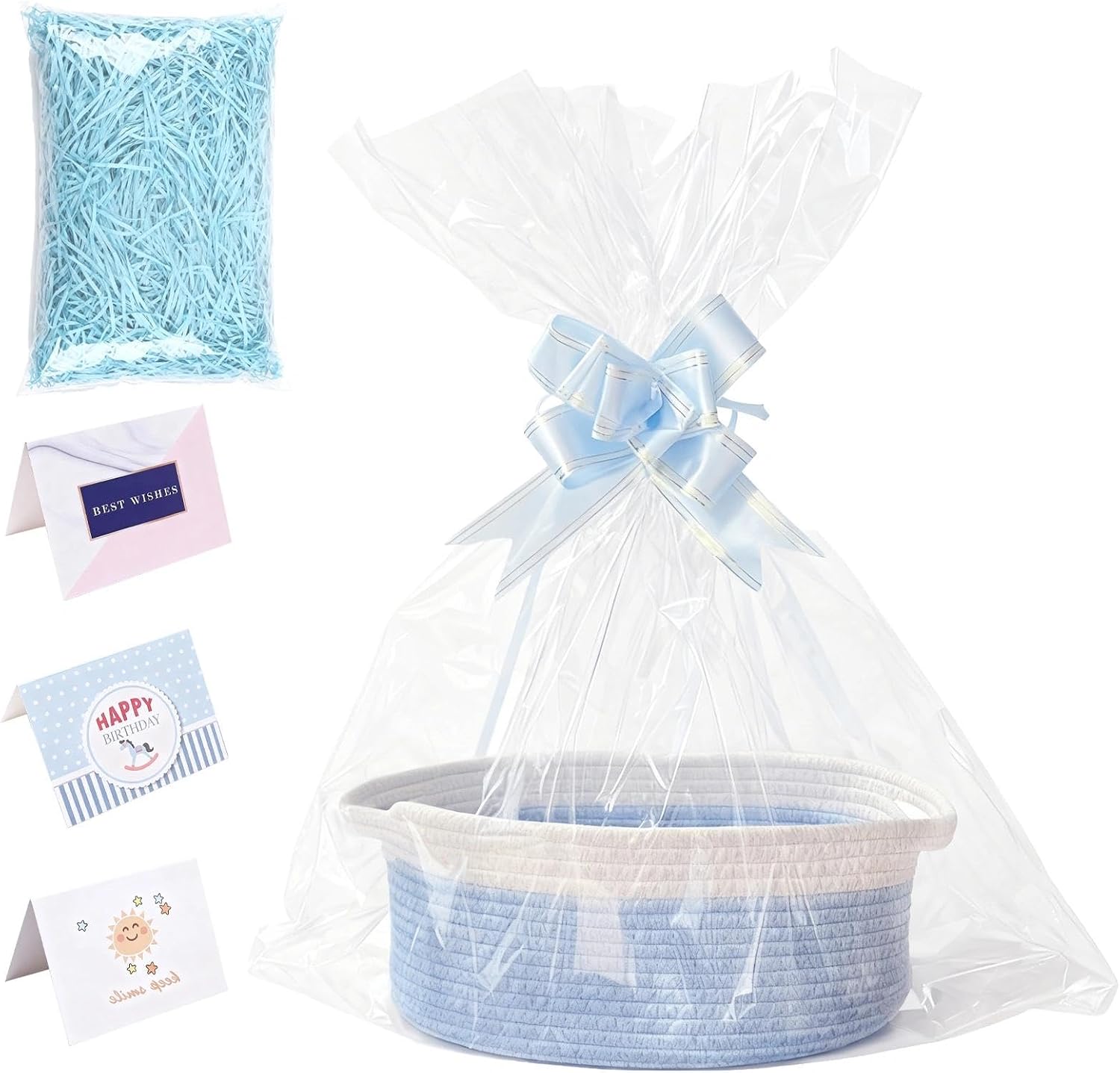 Empty Large Gift Basket, Blue Braided Basket for Gifts with Gift Bags and Ribbons, Empty Gift Basket for Birthday, Wedding, Baby Shower, Thanksgiving, Christmas (Blue and White)