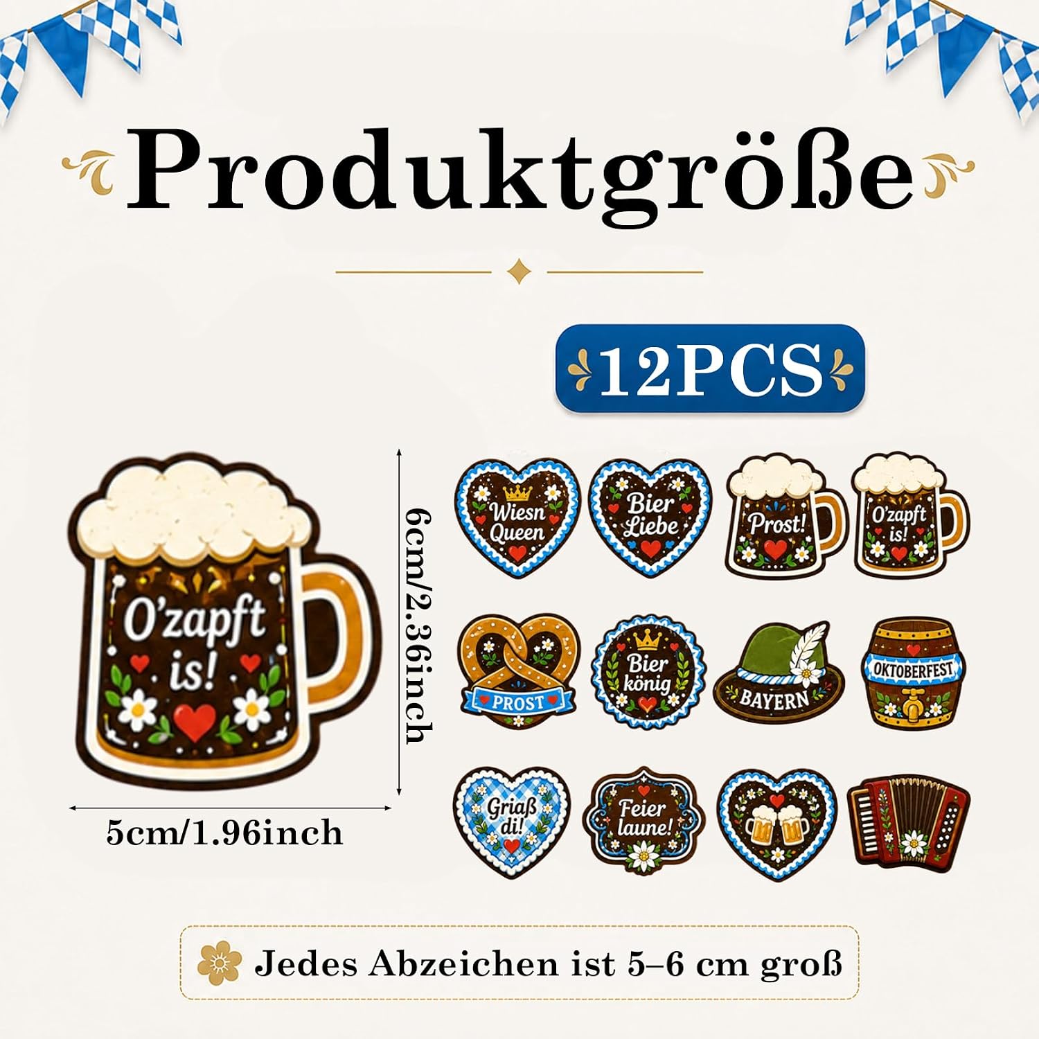 Set of 12 Oktoberfest Badges Felt Set, Oktoberfest Accessories with Gingerbread Heart, Beer Mug, Pretzel Bavaria Hat Motifs, Oktoberfest Decoration for Dirndl Costume Oktoberfest Women's Outfit – Bild 2