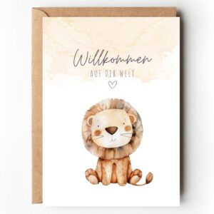 Greeting Card for Birth Baby Lion, Gender-Neutral Greeting Card Baby „Welcome to the World“, unsiex Birth Card Money Gift Birth Boy Girl (1 Folding Card with Envelope)